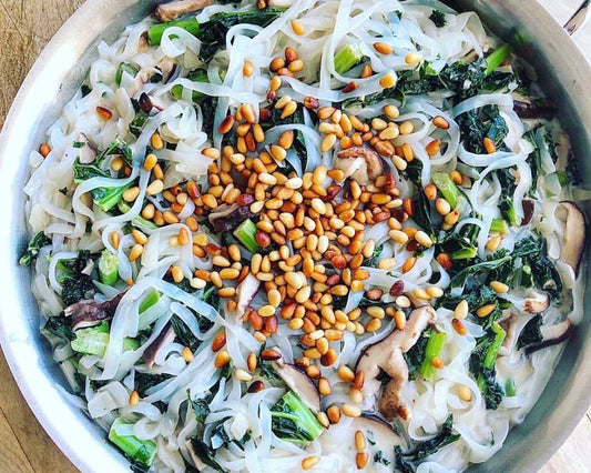 Vegan Pasta with Coconut Milk, Kale, and Pine Nuts