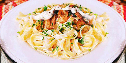 Miracle Fettuccini Alfredo with Cauliflower & Coconut Bacon