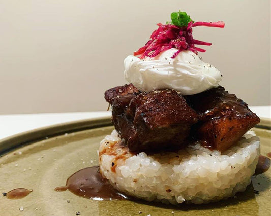 Keto Braised Pork Adobo Ribs with Garlic Miracle Rice and Poached Egg