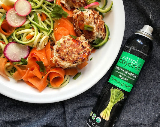 Bahn Mi Zoodle Bowls with Lemongrass Miracle Noodle Meatballs and Quick Pickled Carrots & Radishes