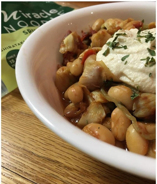 Tuscan White Bean Spinach-Artichoke Miracle Noodles with Lemon Ricotta Mousse