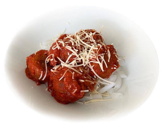 Vegan Meatballs over Miracle Ziti