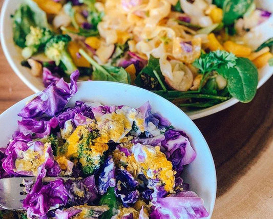 Anne's Spicy Shirataki Fettuccine Noodles & Cheesy Steamed Purple Cabbage and Broccoli