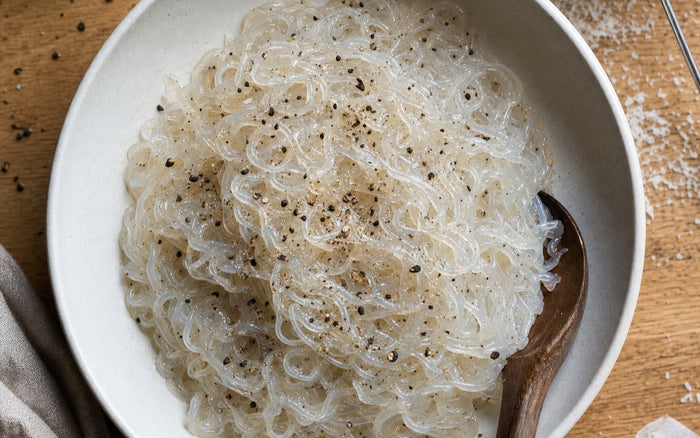 Plain white konjac noodles in a bowl