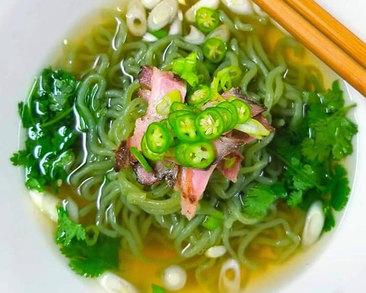 Smoked Pork and Spinach Noodle Bowl