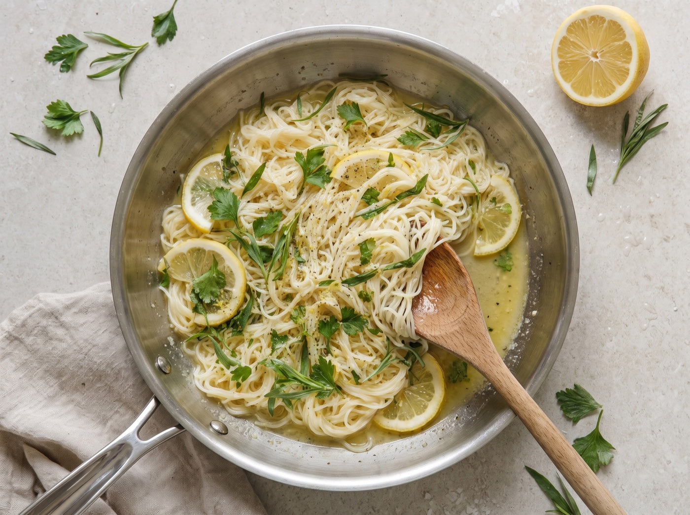 Noodles cooking in a pan