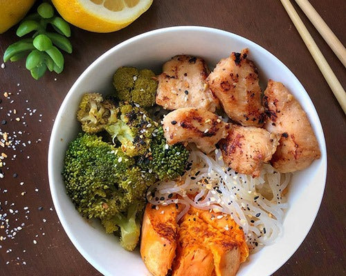 Lean Chicken with Miracle Noodle, Greens & Sweet Potato