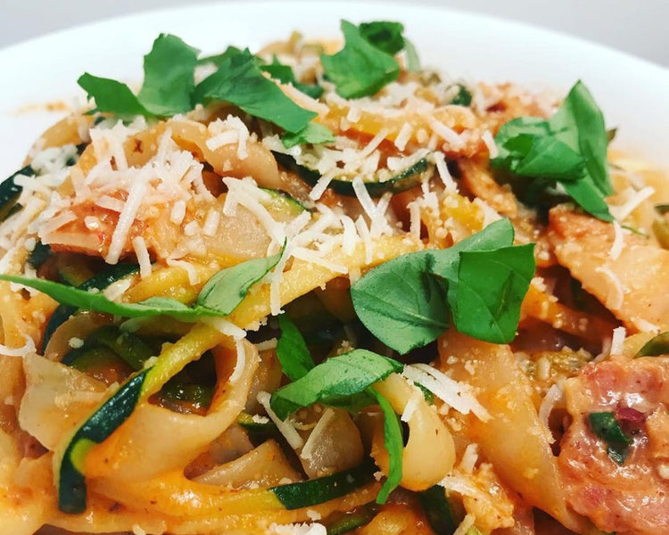 Vodka Sauce with Miracle Fettuccine and Zucchini Noodles Miracle Noodle