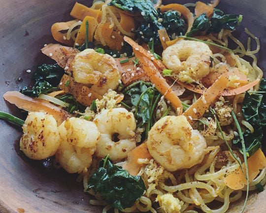 Kale and Curry Shrimp Noodle Dish