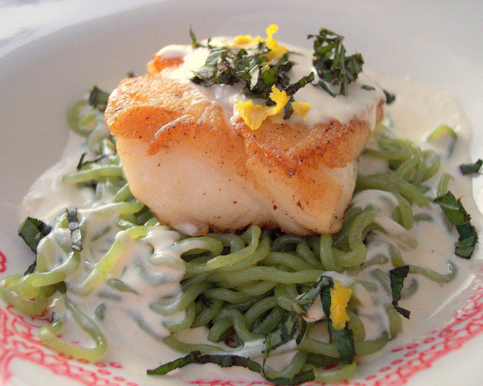 Chilean Sea Bass with Lemon Basil Cream Sauce over Spinach Miracle Noodles