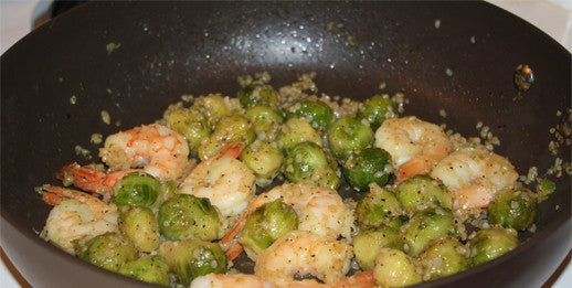 Roasted Lemon Brussel Sprouts & Shrimp Over Miracle Rice
