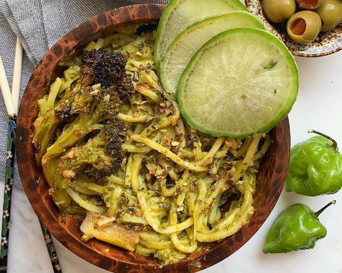 Hearts of Palm Pasta with Roasted Squash and Habenero Sauce