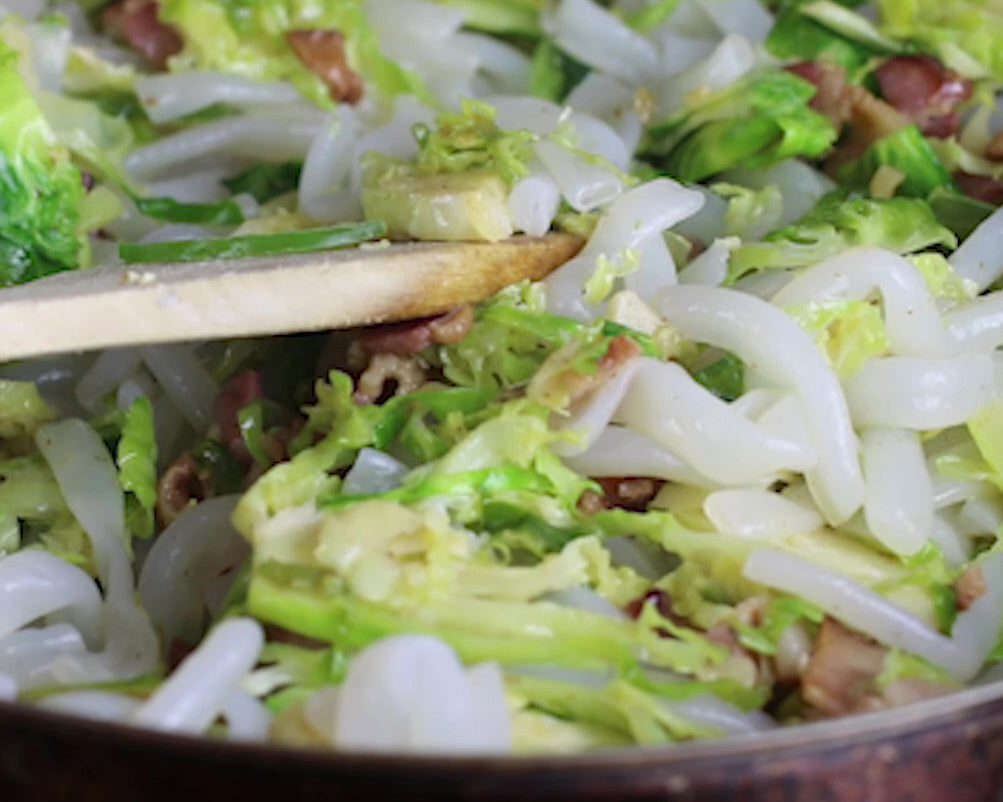 Keto Brussels Sprouts and Bacon Miracle Ziti