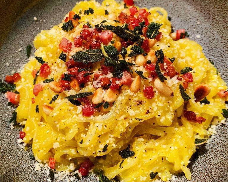 Kabocha Squash Cream Sauce Pasta with Crispy Pancetta