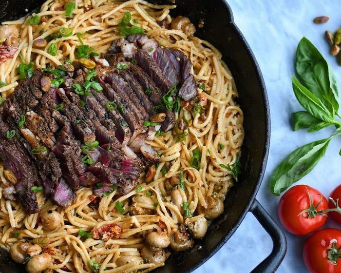 Low-Carb Spicy Creamy Sun-dried Tomato & Pistachio Steak Pasta