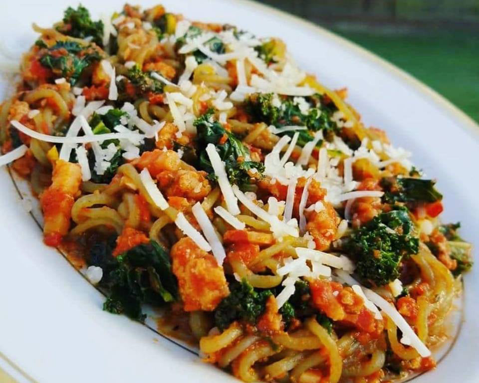Pork with Kale and Spinach Noodles