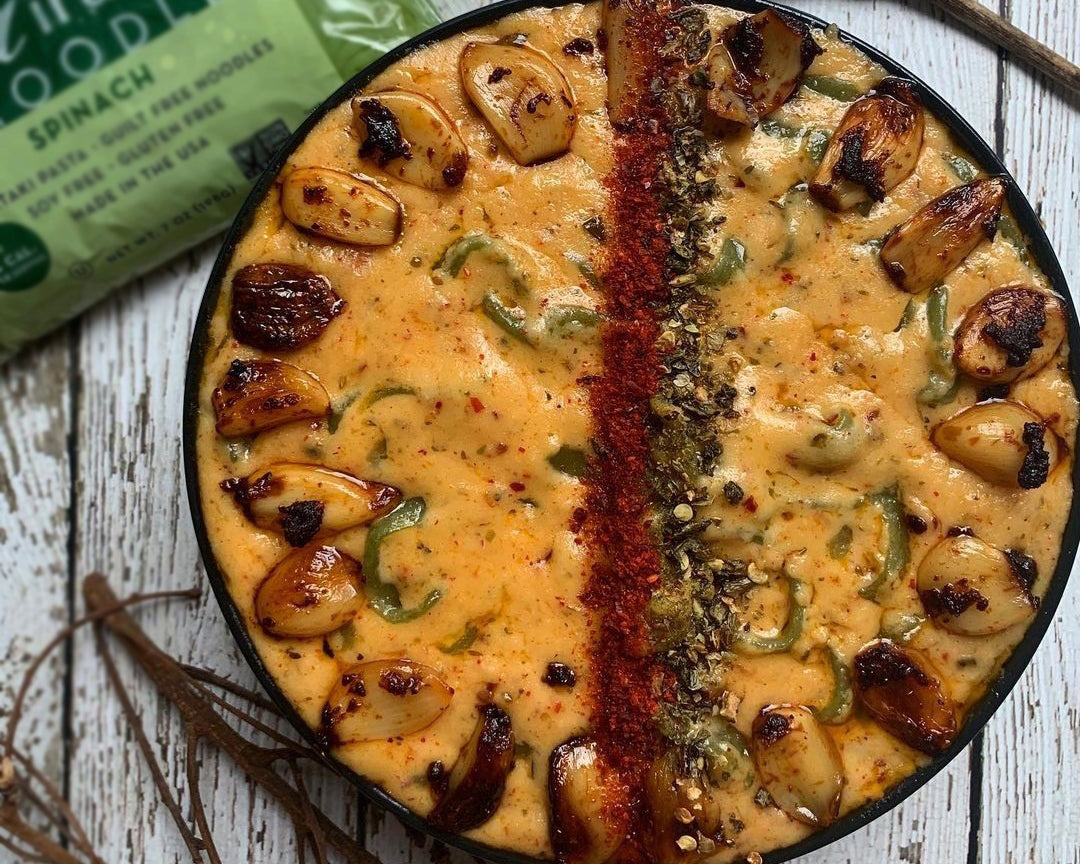 Spinach Noodles in 7 Cheese Sauce with Kimchi Roasted Garlic