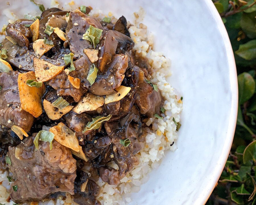Beef Tips with Miracle Rice and Fried Garlic