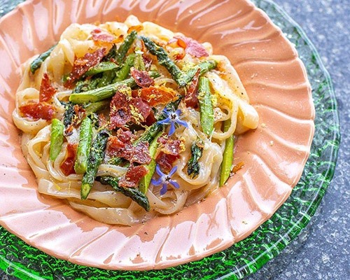 Pasta with Asparagus, Prosciutto, and Lemon in Creamy Parmesan Sauce