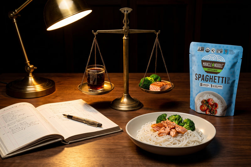 A brass balance scale holding cola on one pan and salmon with broccoli on the other, beside a bowl of white konjac spaghetti and a Miracle Noodle Spaghetti pouch