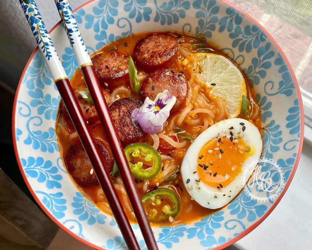 Spicy Miracle Ramen with Seared Kielbasa and Jammy Eggs