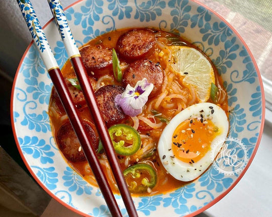 Spicy Miracle Ramen with Seared Kielbasa and Jammy Eggs