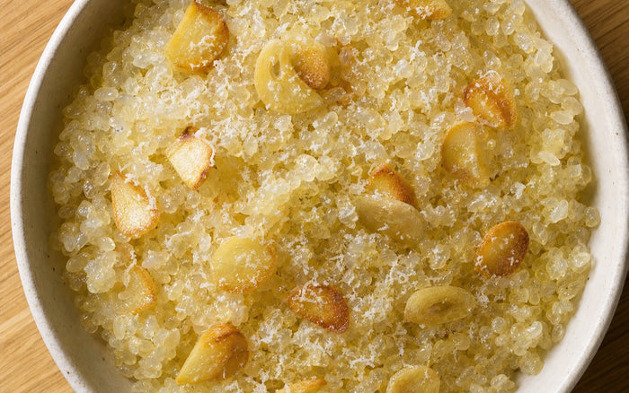A bowl of shirataki rice with toasted garlic