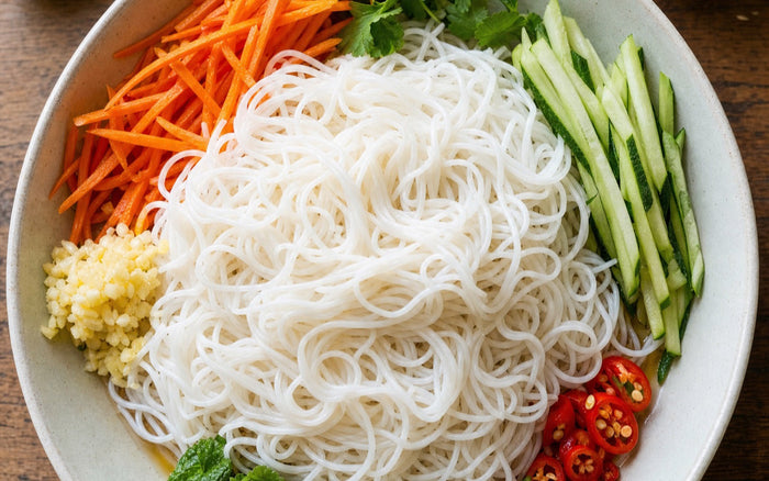 White shirataki noodles with fresh vegetables