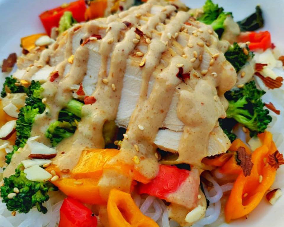 Air Fried Chicken with Peanut Sauce and Noodles