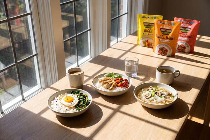 Three bowls of konjac rice, angel hair and fettuccine in a row on a sunlit table crossed by window shadows, with Miracle Noodle Rice, Angel Hair and Fettuccine pouches