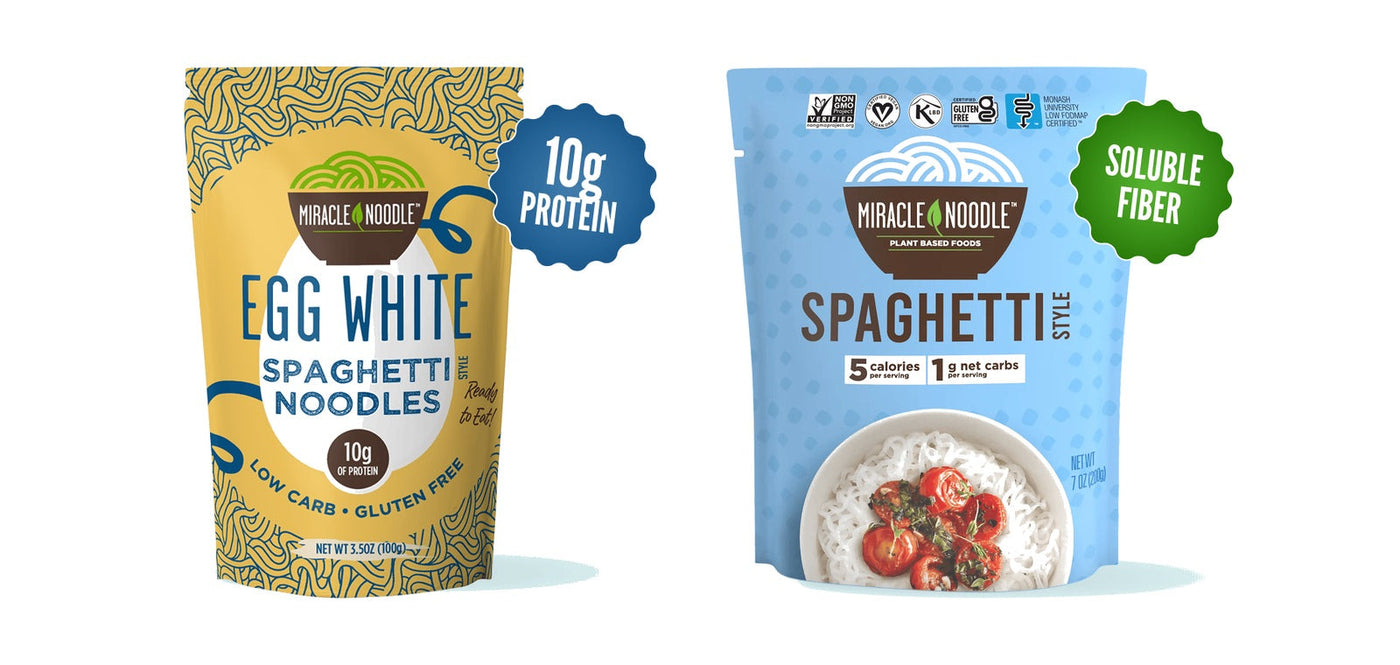 Miracle Noodle Egg White Spaghetti and Konjac Spaghetti side by side