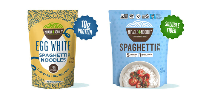 Miracle Noodle Egg White Spaghetti and Konjac Spaghetti side by side