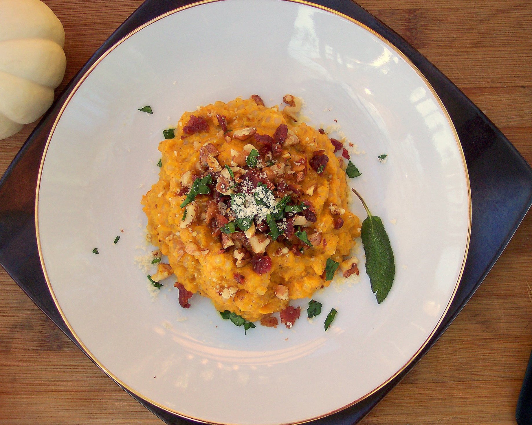 Pumpkin Risotto With Bacon and Walnuts
