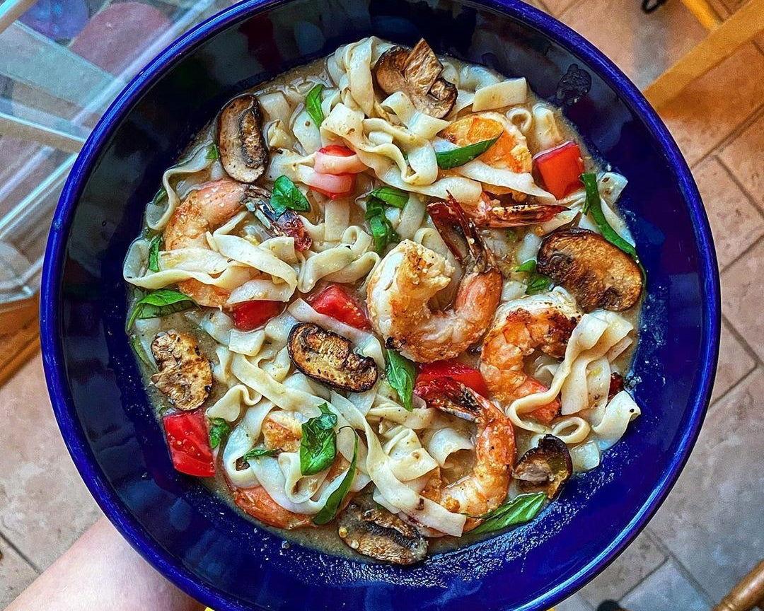 Miso Mushroom Pasta with Garlic Shrimp, Basil, and Tomatoes