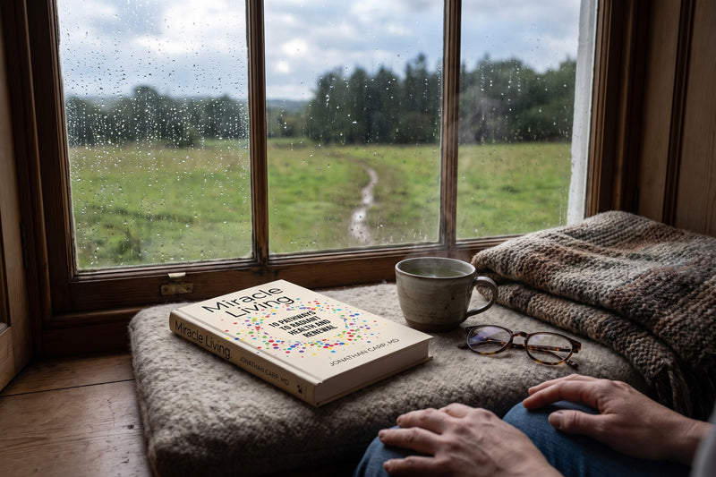 The book Miracle Living by Jonathan Carp, MD on a wool window seat with a cup of tea, looking out at a wet green field with a footpath after rain