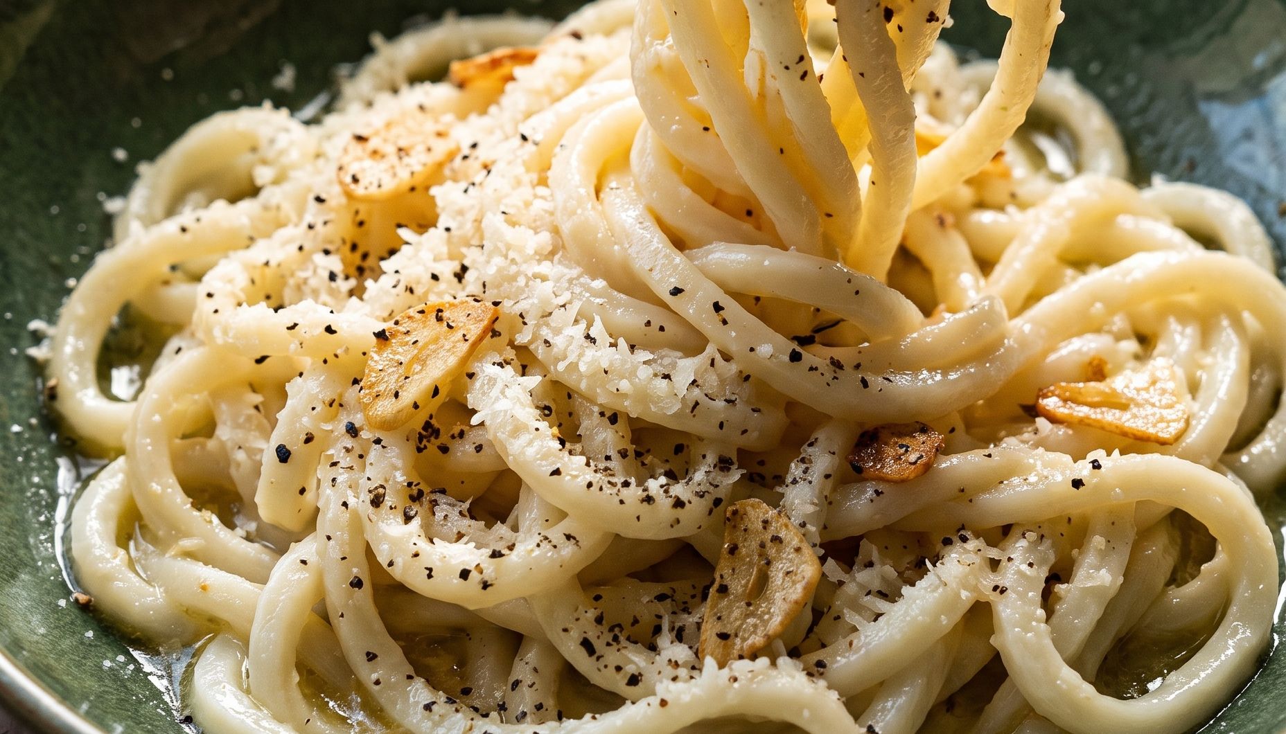 Egg white noodles twirled on a fork with garlic butter and parmesan