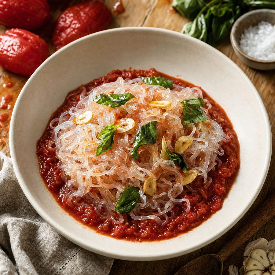 Egg white spaghetti in tomato sauce with basil