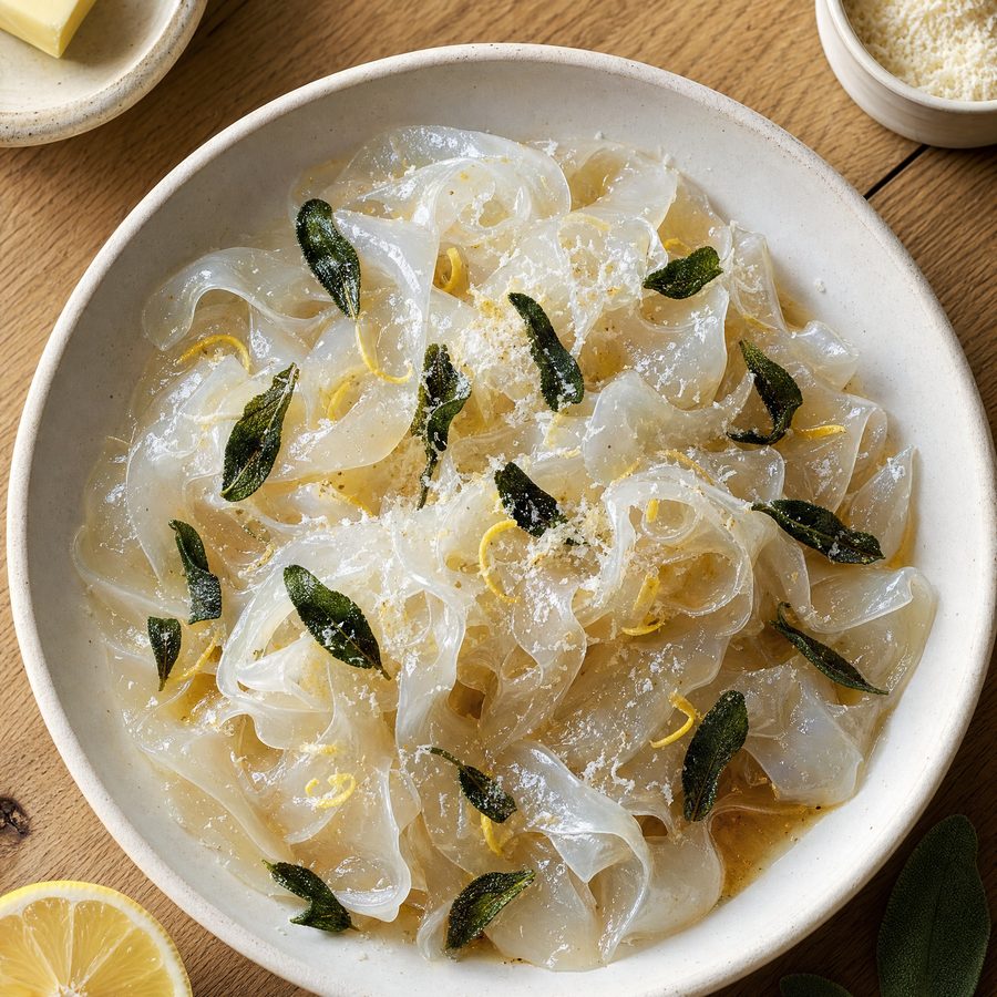 Shirataki fettuccine in a light cream sauce with herbs