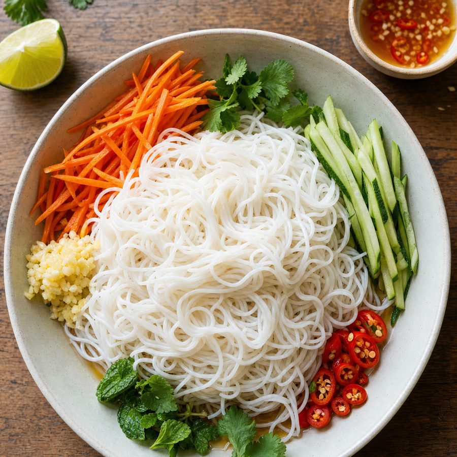 Vermicelli with julienned vegetables and herbs