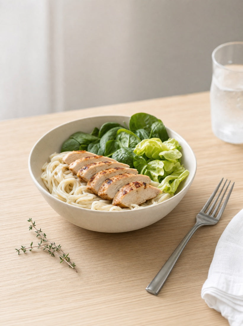 A protein-forward bowl of egg white noodles with grilled chicken and greens