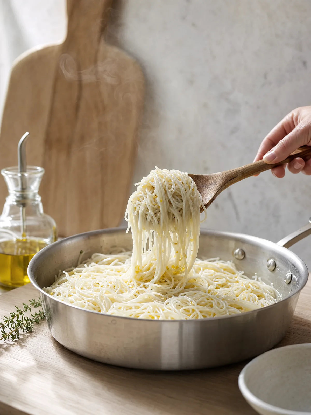 Noodles cooking in a pan