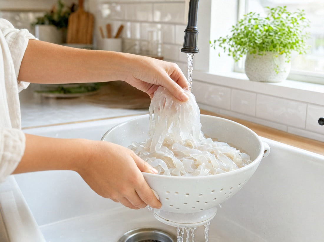 Rinsing the noodles straight from the pouch