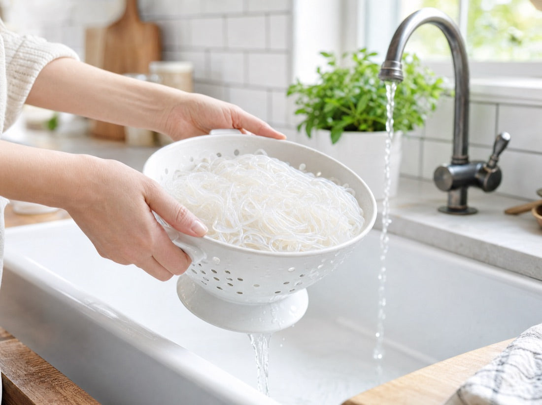 Rinsing the noodles straight from the pouch